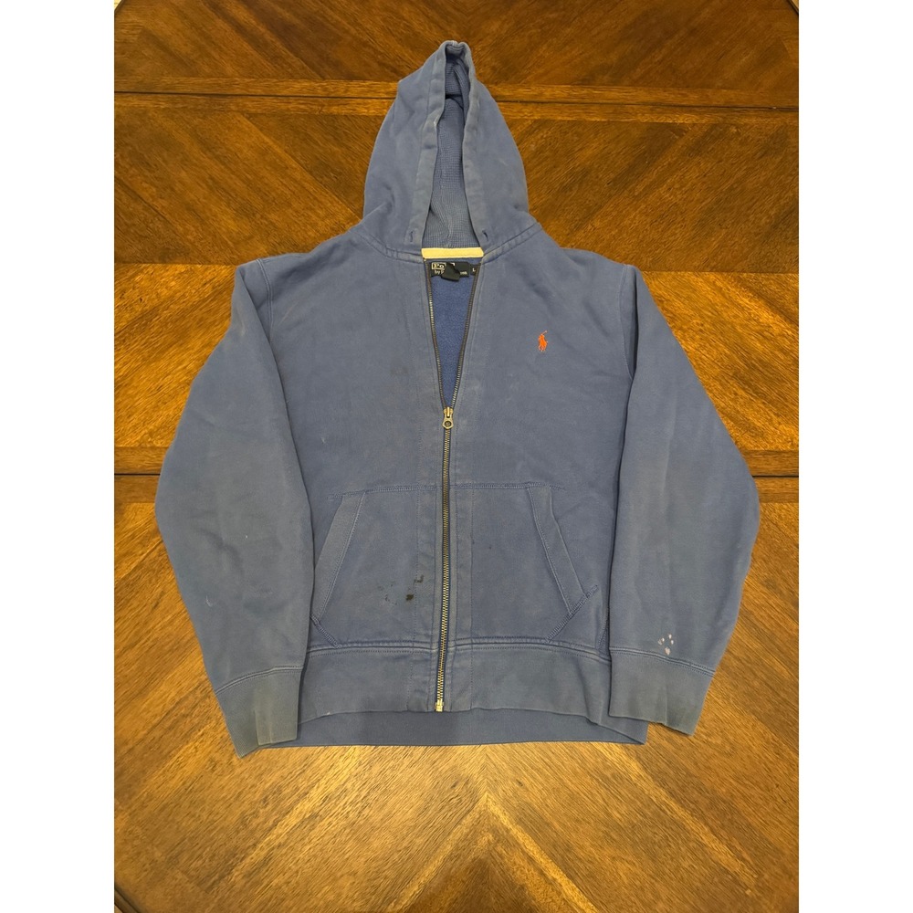 Polo Ralph Lauren Mens Blue Full Zip Hoodie Orange Pony Logo‎ Distressed Large